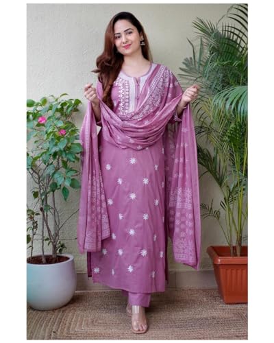 Image of Women's 3 /4 Sleeves Cotton Sulb Embroidered Work Kurti with Matching Pant & Embroidered Dupatta Set