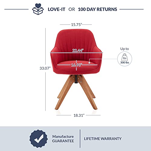 Belleze Mid Century Swivel Chair, Modern Makeup Vanity Chair, Upholstered Linen Accent Armchair With Dark Oak Wood Legs For Home Office Study Living Room Bedroom, Red #TOP1