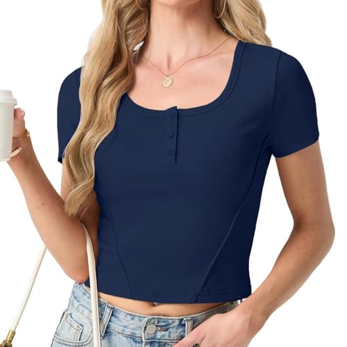GRECERELLE Crop Summer Tops for Women Girl Henley Collar Crew Neck Casual T Shirts with Buttons, Waist Trimming (Navy Blue, M) - Image 5