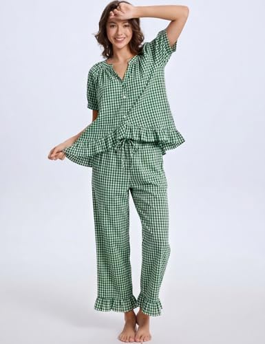 Image of Gihuo Gingham Pajama Set for Women 2 Piece Plaid Cotton Button Down Top and Pants Ruffle Babydoll Pjs Lounge Sets
