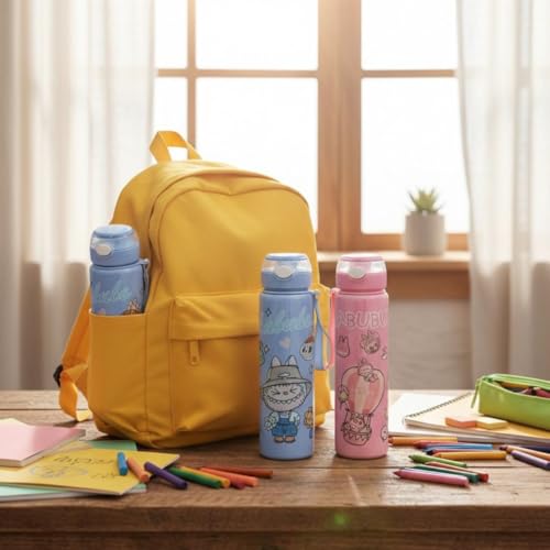 Image of Cartoon Printed Plastic Water Bottle for Kids Leak Proof Flip Cap Sipper Bottle with Strap School Drinking Bottle for Boys Girls Travel Office Use 900 ML (Pink)