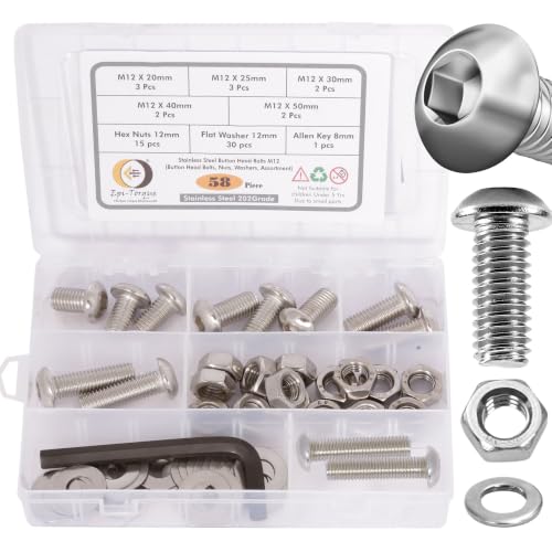 Image of Metric M12 Stainless Steel 202 Grade Button Head Allen Bolt Hex Socket Screws Nuts & Washers Assortment Kit with Allen Keys & Storage Box - 58 Pieces