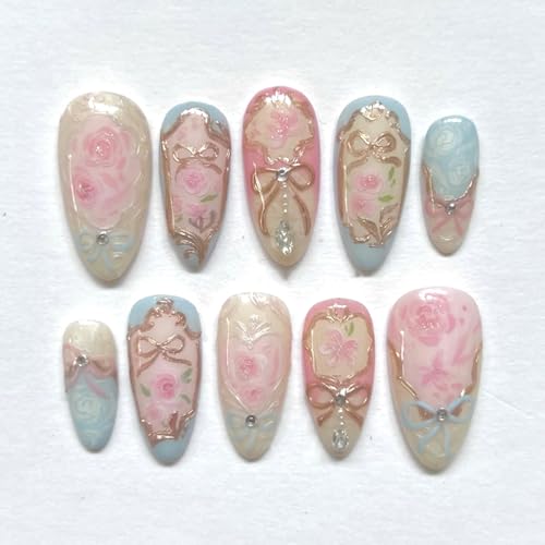 24Pcs Almond Press on Nails Heart Flowers Fake Nails with Exquisite Rhinestones Design Glossy Full Cover Rose False Nails with Glue Medium Romantic Stick on Nails Acrylic Nail Art for Women