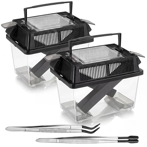 Mifoci Cricket Keeper with Feeding Kit Transparency Cricket Keeper with Tubes Includes Feeding Tongs and Curved Tweezers Insect Breeding Box for Gecko Snake Lizards (2 Pack 7.09 x 4.33 x 6.3 Inches)