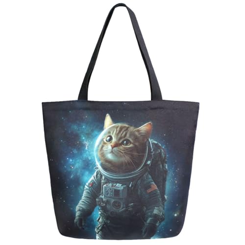Space Cat Astronaut Extra Large Canvas Gym Shoulder Tote,Durable Daily Reusable Top Handle Bag for Mens Womens Yoga Weekender Picnic Beach Travel Market Shopping