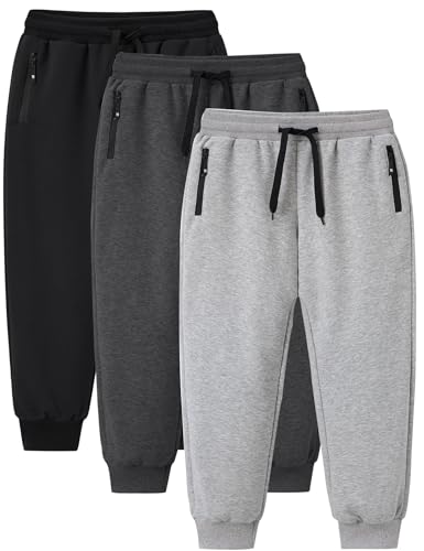 Gihuo 3 Pack Boys Sweatpants Athletic Workout Kids Joggers with Zipper Pocket Drawstring Active Casual Soft Jogging Sweat Pants (BlackLightGreyDarkGrey-M)