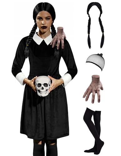 BesserBay Damen Halloween Party Ghotic Kleid Mittwoch Samt Peter Pan Kragen Kostüm Knielang Schwarz S