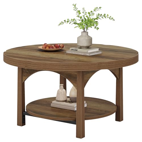 Tribesigns Round Coffee Table, 32" Farmhouse 2-Tier with Storage Shelves, Wooden Accent Centre Table Sofa Side Table for Living Room, Brown - Image 8