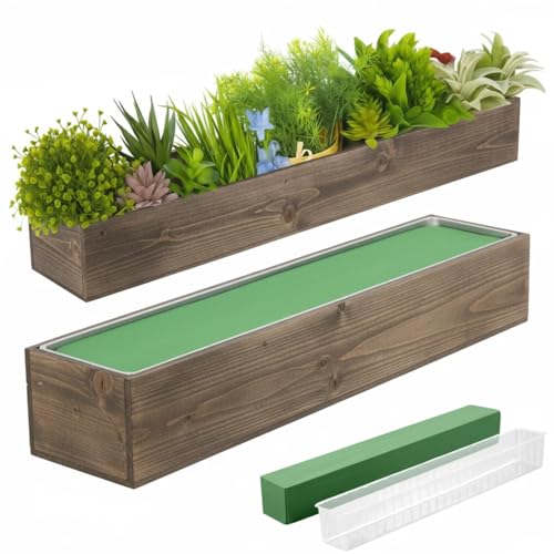 Dandat 2 Set Wood Boxes for Centerpieces 28x5 Inch Rectangle Wooden Planter Box Rustic Wooden Planters with Removable Plastic Liner Floral Foam Blocks for Christmas Wedding Home Garden Decor(Brown)