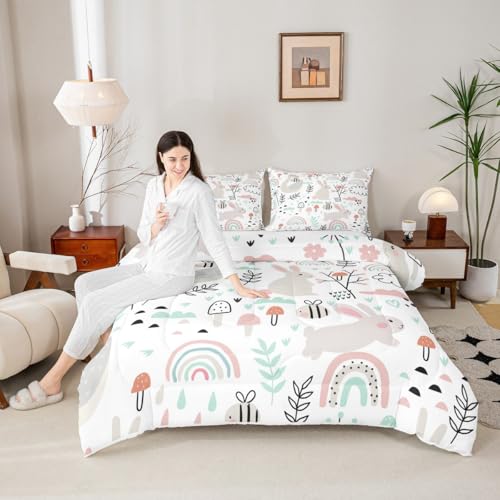 Image of Feelyou Cartoon Goose Bunny Comforter Set Full, Cute Rabbit Comforter Set Cartoon Rainbow Comforter Botanical Leaves and Flowers Duvet Set Lightweight Quilt Set