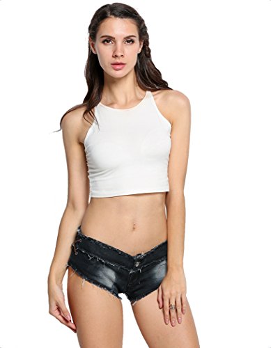 Romanstii Mini Shorts Denim Stretchable Cut Off Low Rise Waist Sexy Micro Jeans Hot Pants for Woman Girls Teen(Black Medium)