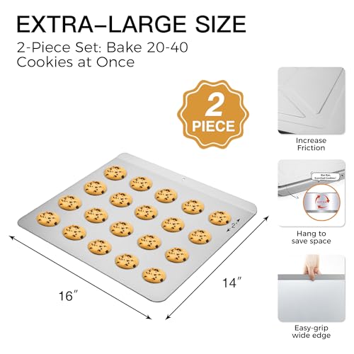 HONGBAKE 2 Pieces Large Flat Cookie Sheet No Edges, Nonstick Insulated Baking Pan, Commercial Oven Trays for Cooking, 16
