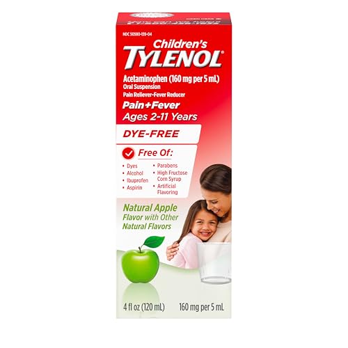 Childrens Tylenol Liquid Pain Relief & Fever Medicine Acetaminophen Oral Suspension Free of Dyes Aspirin Ibuprofen High Fructose Corn Syrup; Natural Apple Flavor 4 fl. Oz