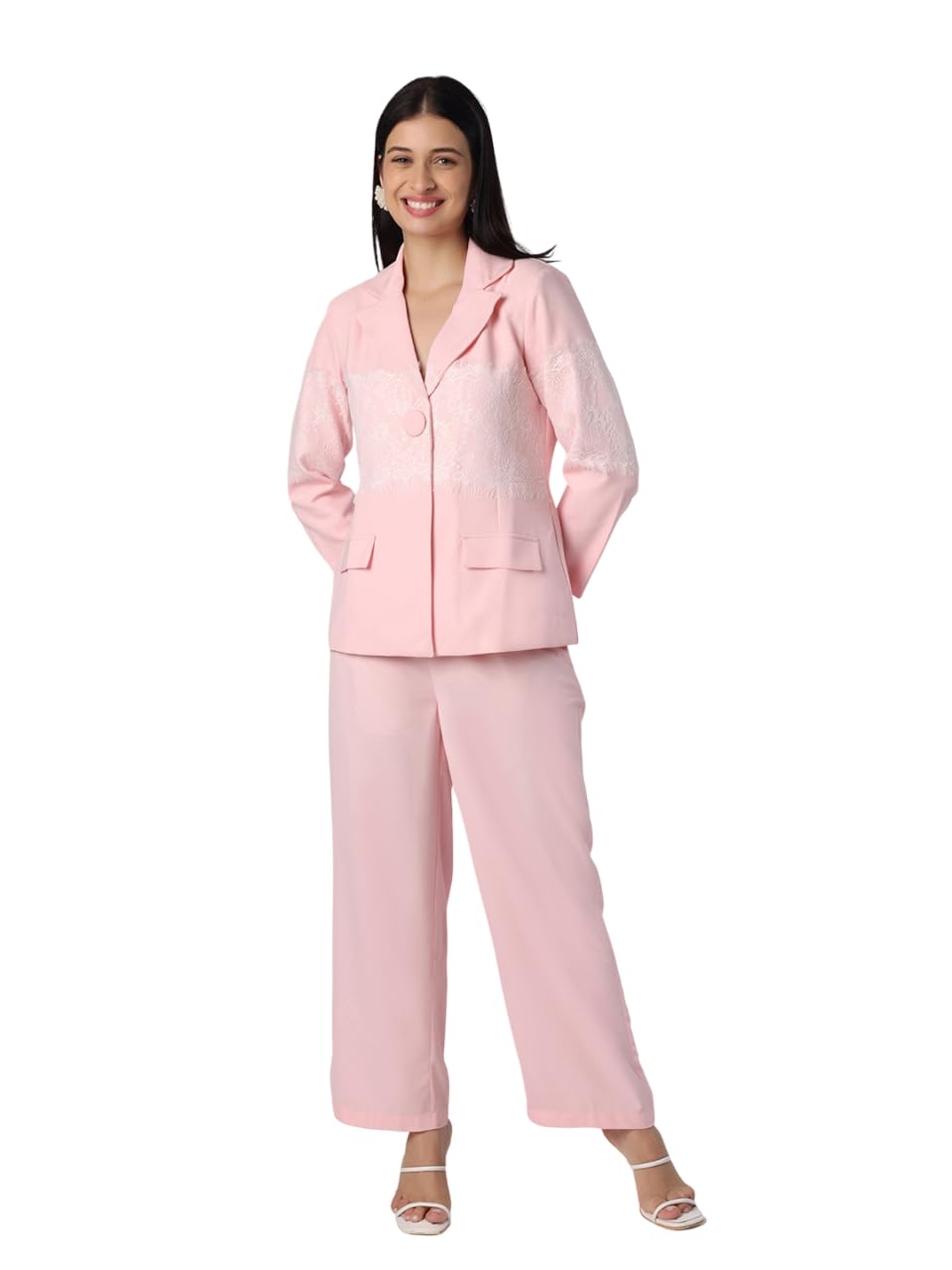Stylish Womens Polyester Applique Long Sleeves Lapel Collar Regular Fit Co-ord Set | Lightweight & Breathable Fabric | Blazer & Trouser Set-image-10