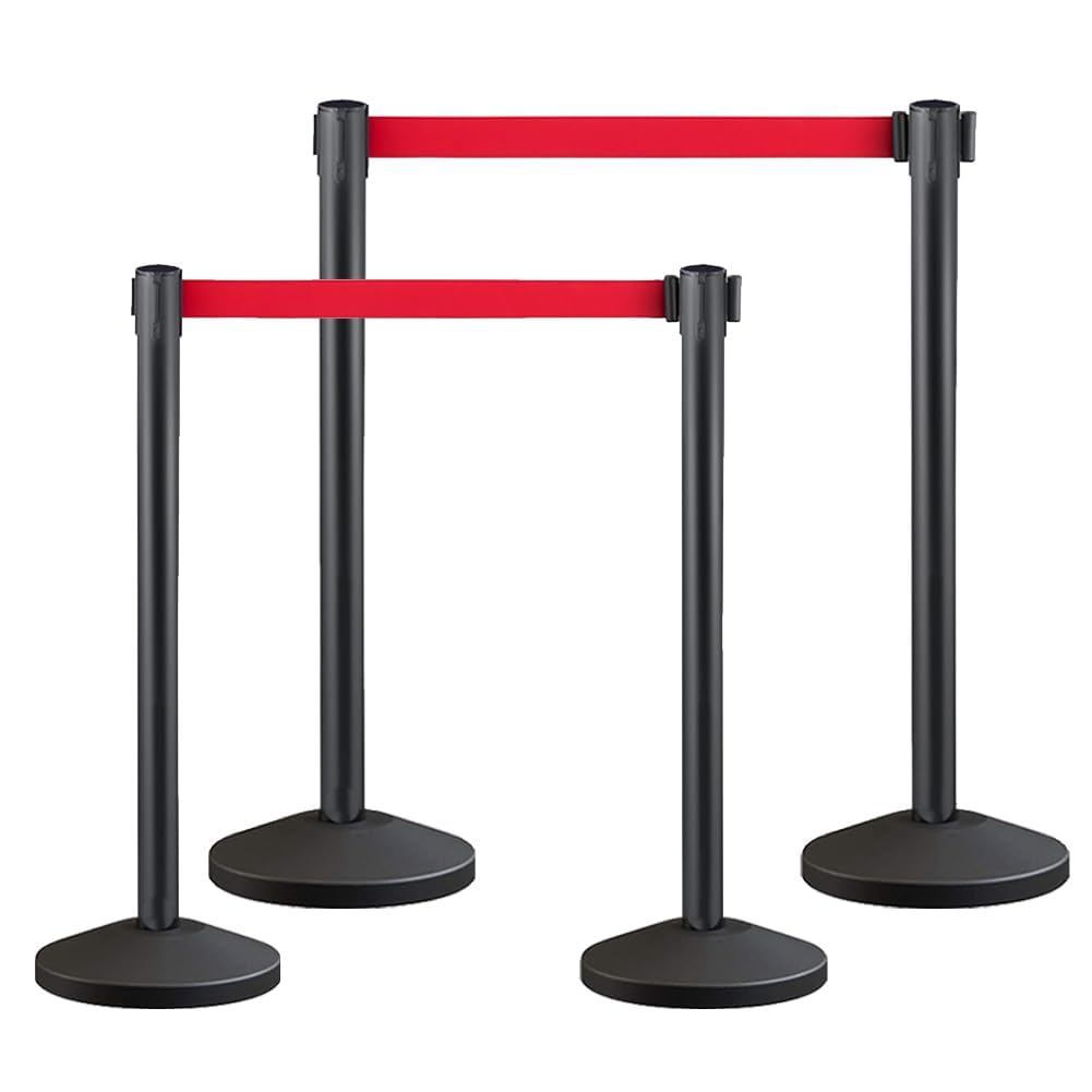 Premium Absperrstab mit Seil - Robuster Crowd Control Bandstab für Warteschlangen, Events & Ladenmanagement, Kohlenstoffstahl Seilabsperrungen,Set mit 6.5 ft/2 m rotem einziehbarem Gürtel (4)