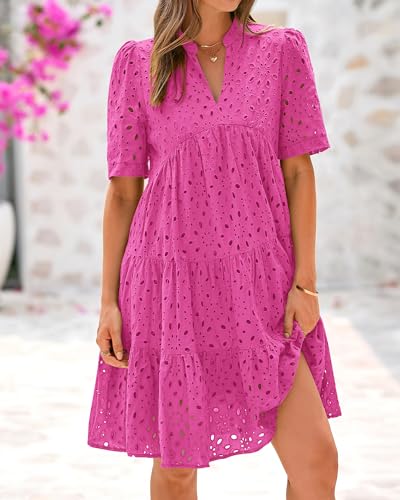 Image of BTFBM Womens Boho Summer Dresses 2026 Spring V Neck Short Sleeve Hollow Out Lace Ruffle Casual Beach Mini Vacation Dress