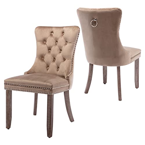 Image of Virabit Velvet Dining Chairs Set of 2, Tufted Upholstered Dining Chairs with Nailhead Back and Ring Pull Trim, Solid Wood Dining Chairs for Kitchen /Bedroom /Dining Room (Khaki)