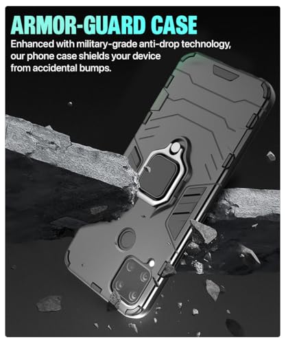 Image of WOW IMAGINE Shock Proof Back Case Mobile Cover for Realme C15 (Tough Armor | Hybrid PC + TPU | Full Protection with Ring Holder & in-Built Kickstand | Black)