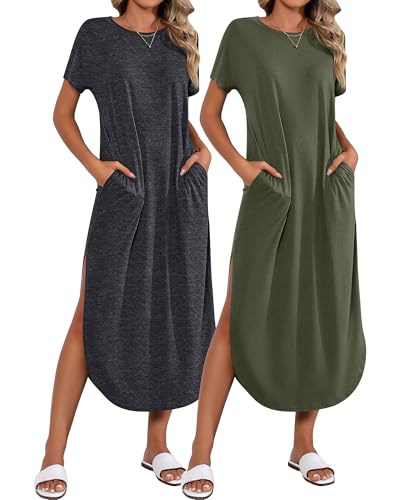 Image of Riyiper 2 Pieces Women's Short Sleeve Maxi Dress Round Neck Casual Loose Split Long Summer Beach Shirt Dress with Pockets (Dark Gray, Army Green,Medium)