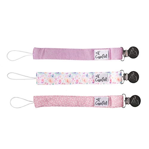 Image of Copper Pearl Premium Knit Pacifier Clips 3-Pack: Stylish Stainless Steel Holders for Baby Girls and Boys - Prevents Floor Drops - Bloom Design