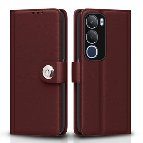 Image of Pikkme Flip Cover Leather Finish | Inside TPU with Card Pockets | Wallet Stand and Shock Proof | Complete Protection Button Flip Case for Vivo Y19s(Brown)