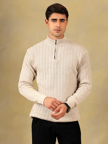 Image of Kvetoo Men's Full Sleeve High Neck Zipper Sweater| Warm Cable Knit Quarter Zip Pullover | Wool Winter Sweater for Casual & Office Wear