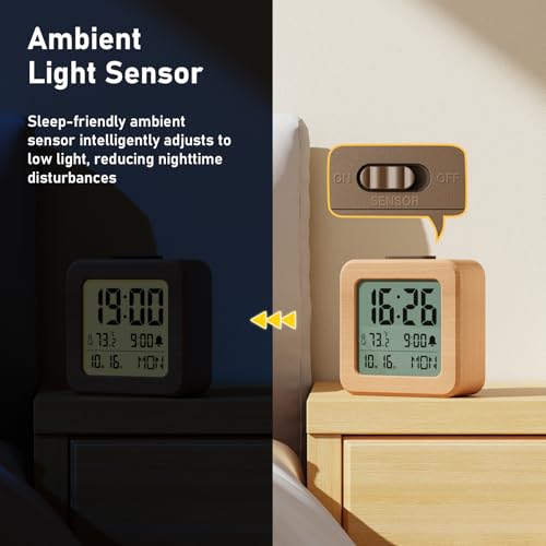 Image of CHEREEKI Battery Operated Clock with Real Wood Case, Loud Alarm, Snooze, Automatic Light Sensor, Temperature, Date and Day of the Week Display (3 AAA Batteries Included)