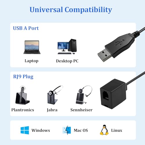 Câble RJ9 vers USB ordinateur PC casque filaire DECT VoIP