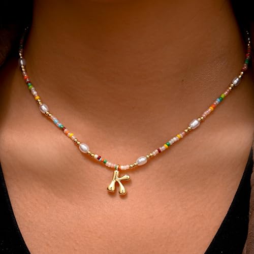 Ritach Initial Necklaces for Women Girls - Light Colorful Beaded Pearl Initial Necklace Real Gold Plated Bubble Pendant Letter Necklaces for Women Teen Girl Gifts Trendy Stuff2
