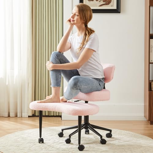 DUMOS Ergonomic ADHD Cross Legged Office Desk Chair with Adjustable Backrest, Height Adjustable Meditation Chair with 360° Swivel Footstool, Teddy Fabric Yoga Stool for Home Office, Pink
