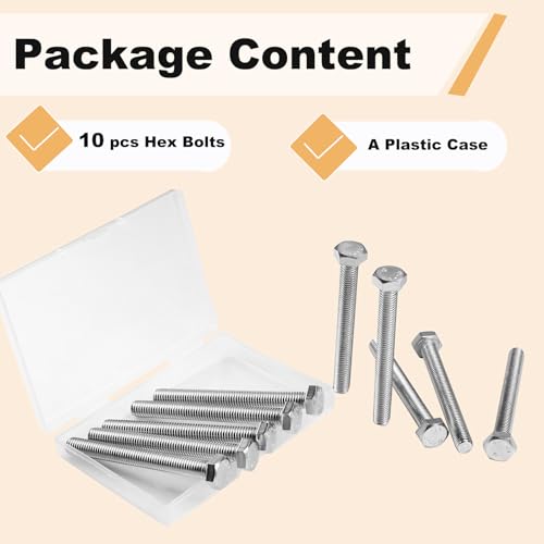 Image of 10Pcs M8 Hex Bolts M8x75mm Hex Head Bolts Stainless Steel 304 | M8-1.25 Hex Bolt Fully Threaded Hex Tap Bolts Metric Hexagon Head Screw Machine Bolts Right Hand External Hex Drive
