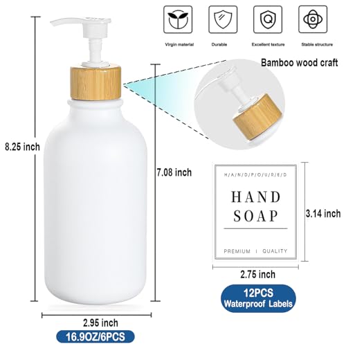 White Plastic Soap Dispenser, 6 Pack 16.9 fl oz Refillable Shampoo and Conditioner Bottles with Bamboo Pump for Bathroom and Kitchen, Reusable Soap Lotion Bottles2
