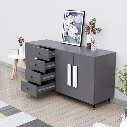 Image of Bniture Storage Cabinet Wooden for Living Room Sideboard with 4 Drawer and 3 Door | Multipurpose Storage Organizer Chest of Drawer Cabinet for Home Hallway Drawing Room Bedroom Kitchen | Slate Grey