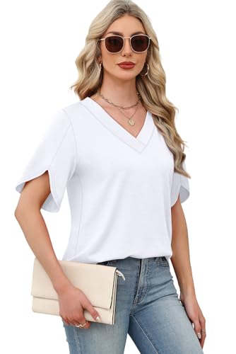 Image of WIHOLL Womens Summer Tops Short Petal Sleeve Shirts Fashion V Neck Womens Clothing