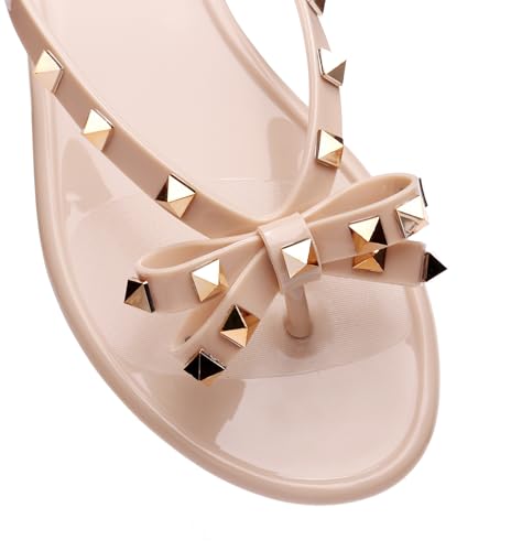 Image of Studded Jelly Shoes for Womens Bow Flip Flops Jellies Sandals Flat Black Summer Beach Thong with Rivets Strappy Slides Slip On