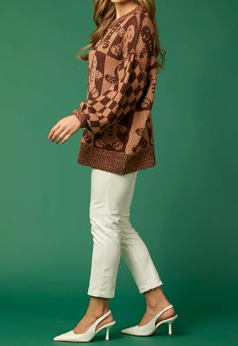 Women Checkered Holiday Oversized Sweater Cute Plaid Print Crewneck Sweatshirt Y2k Knit Puff Sleeve Chunky Jumpers4