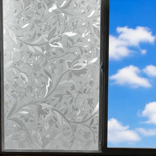 Image of CVANU Floral Frosted Glass Covering Privacy Window Film, Self Adhesive Waterproof Vinyl Sticker for Glass Doors, Windows, Bathroom & Office Use (24 x 50 Inch)