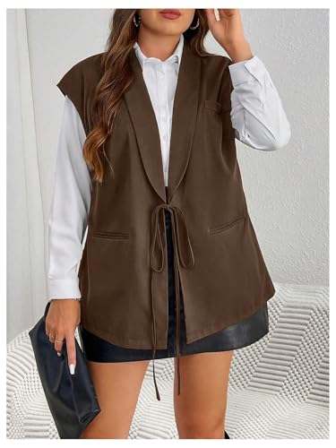 MakeMeChic Women's Plus Size PU Leather Tie Front Sleeveless Vest Lapel Blazer Jacket4