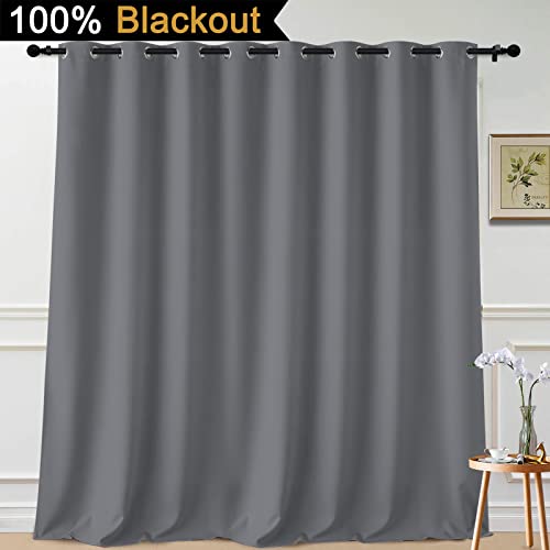 Image of Yakamok Grey 100% Blackout Patio Door Curtain Panels W100 x L108, 1 Panel | Noise Reducing Barrier Panel for Sliding Glass Door, 2 Thick Layers Heat Full Light Blocking Patio Door Drapery