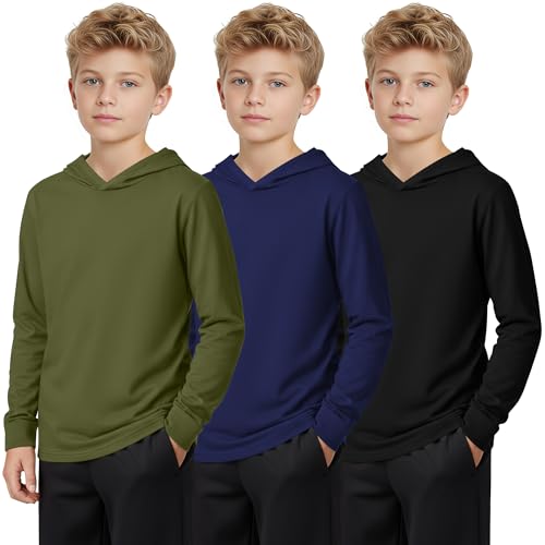 3 Pack Boys Long Sleeve Hoodies Kids Comfy Active Athletic Workout Sweatshirts Casual Pullover Shirts (Ages 6-18)