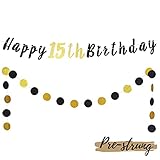 LASKYER Happy 15th Birthday Decoration Set - 15th Birthday Banner with Black & Gold Glitter Circle Dots Cheers to Fifteen Years Old Birthday Party Decorations.[Pre - Strung]