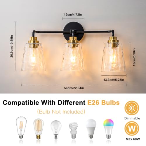 Image of WILON 3 Light Bathroom Light Fixtures Hammered Glass Vanity Light | Modern vanity light with hammered glass shades and black gold finish Ideal for bathroom mirror, makeup and dressing areas