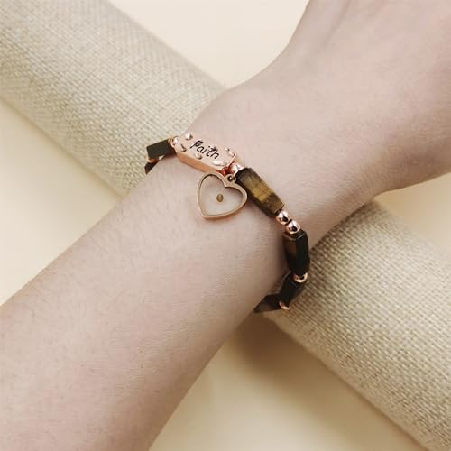Image of Elastic Faith Bracelet for Women, Adjustable 7 inch Natural Stone Bracelet with Heart Mustard Seed Charm, Spiritual Christian Jewelry for Baptism, Graduation, Religious Celebration YA4856
