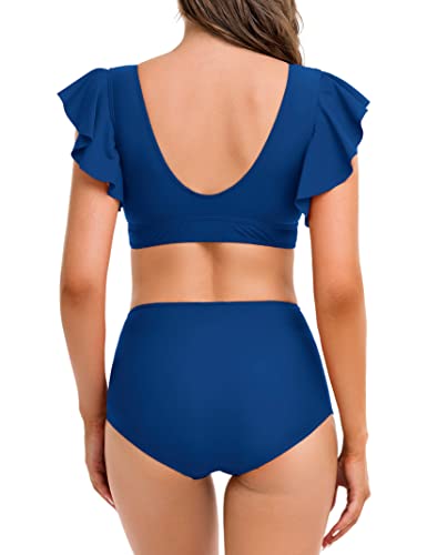 Missky Ruffle Swimsuits For Women Two Piece Bikini Tankini Set Ruffle Sleeve Top With Full Coverage Bottom Swimwear Bathing Suit Blue Small #TOP5