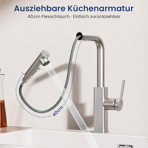 CECIPA Küchenarmatur Ausziehbar, Spültischarmatur mit Brause, Wasserhahn Küche Ausziehbar 2 Wasserstrahlarten, Mischbatterie Küche Edelstahl Gebürstet, Armatur 360° Drehung, Küchenwasserhahn Hochdruck