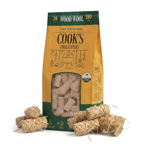 1 Pack 25pcs Cooks Wood Wool Firelighters 350g - Natural Long Burning Fire Starters Small Compact Pack for BBQ Stoves and Campfire (1 Pack 25pcs)