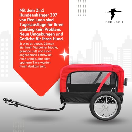 Red Loon Hundeanhänger Mini - Hunde Fahrradanhänger Jogger Rot, Stabiler Transporter 20kg Belastbarkeit, Convertible Jogging-Set, inkl. Universal-Kupplung und Regenschutz