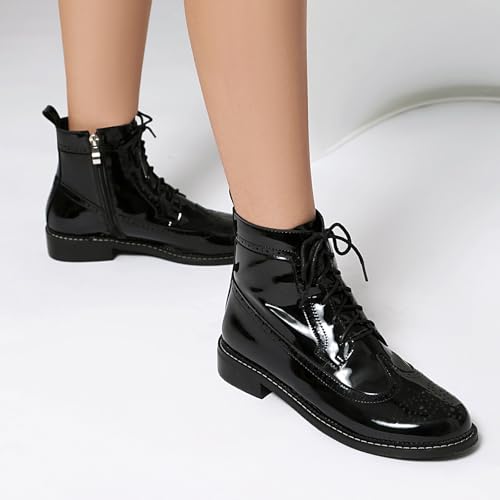 Women's Patent Leather Wingtip Brogue Combat Boots - Chunky Low Heel Lace-Up Oxford Boots Round Toe Hollow Out Design Comfortable Fashion Footwear 7