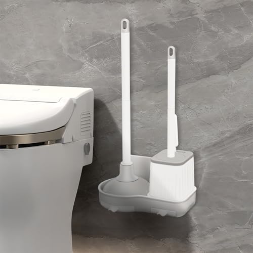 Image of Toilet Brush and Plunger Set, Plunger and Brush Set, 3 in 1 Toilet Bowl Brush and Plunger Set for Bathroom Cleaning,Plungers for Bathroom Heavy Duty 2 Packs in Color White&Grey