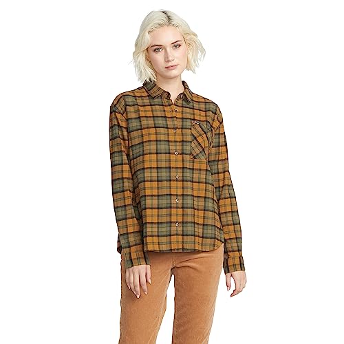 Volcom Women's Plaid to Meet U Long Sleeve Flannel Shirt, Bronze
